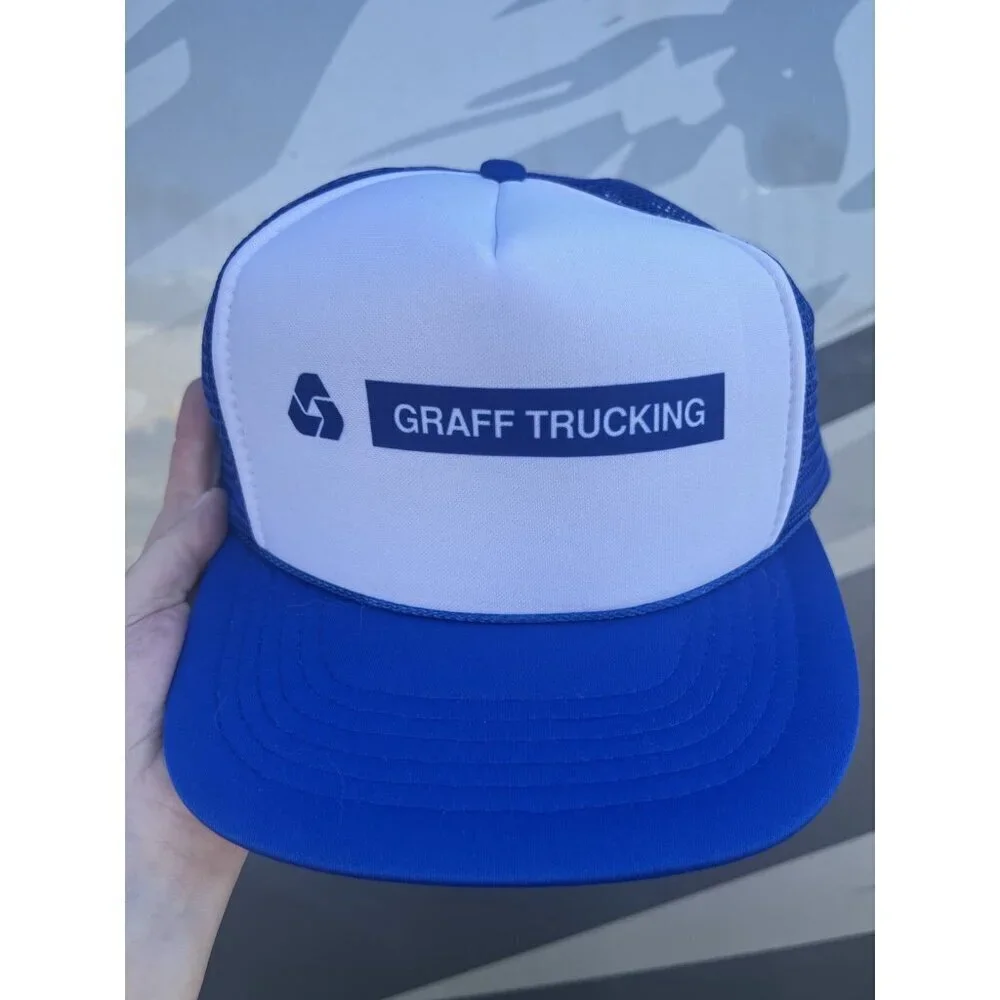 Vintage 80s Crown blue white Graff Trucking trucker mesh snapback cap streetwear